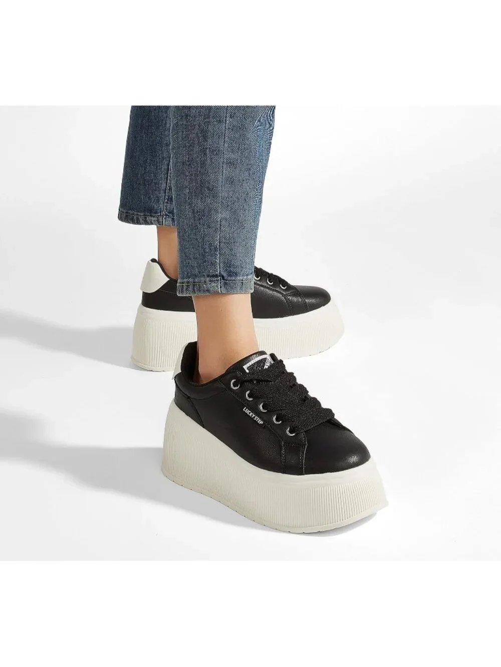 🆕LUCKY STEP Women's Black White Platform Wedge Canvas Sneakers Walking Shoes